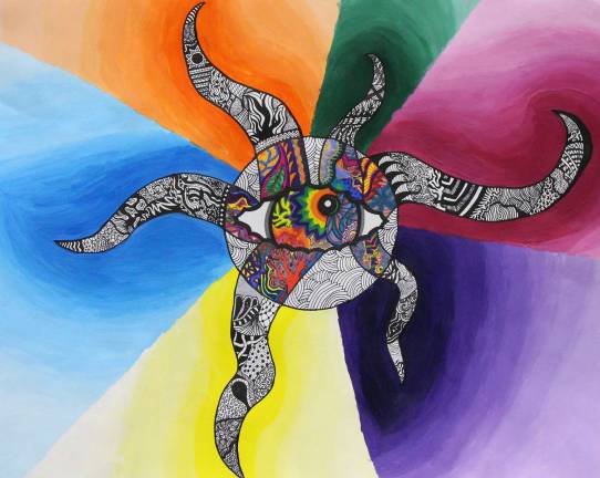 George F. Baker High School artwork on display during May The "All Seeing Eye," painting along with pen and ink and markers using zentangle designs, by Hanna Tapparel, an advanced art student at George F. Baker High School in Tuxedo.