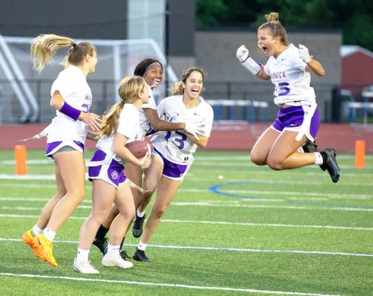 Warwick’s Ava Browne celebrates a Section IX Championship in the inaugural season of Girls Flag Football as a Section IX sport for girls in the spring of 2023.