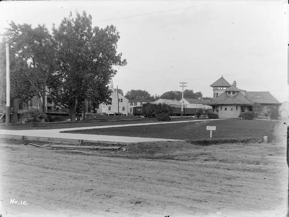 The L&amp;HR Warwick station, freight house and South Street railyard from the corner of Main St. and Railroad Ave. circa 1910.