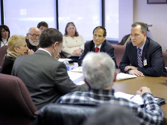 County readies for Valley View 2.0 Valley View Administrator Lawrence LaDue takes questions from Legislator Michael Anagnostakis on 1-22-2013. Around the table, Legislators Patrick Berardinelli, Michael Anagnostakis, Roxanne Donnery, and Michael Amo, County Executive Ed Diana and Valley View Administrator Lawrence LaDue. (Photo by Joshua Rosenau)
