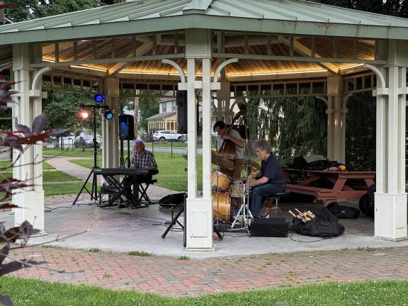 Trio opens area music series Rave Tesar (L), J. Brunka and Steve Rubin of the Hudson Valley Jazz Experience performing in the Village of Warwick on June 13, 2025.