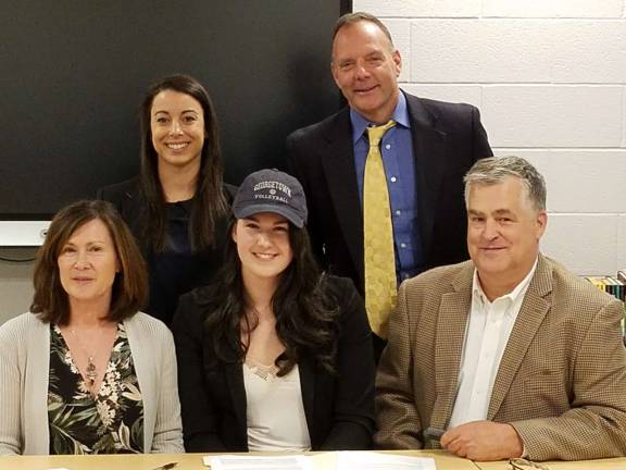 Hannah Hamling to attend Georgetown University Provided photoWarwick Valley High School senior Hannah Hamling sits with her parents, Caroline Hamling (WVHS Class of 1979) and David Hamling (WVHS Class of 1977), as she signs a National Letter of Intent to attend Georgetown University and play volleyball. Standing are Volleyball Coach Kaitlin Rodriguez and Athletic Director Gregory Sirico.