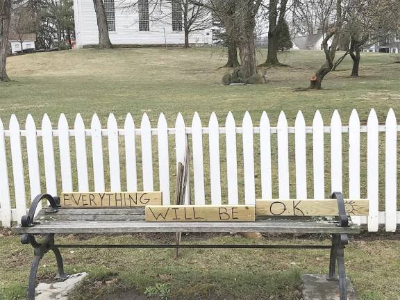 Warwick resident Linda Smith Hancharick was walking one day last week and saw these signs in a bench in Main Street right by the Old School Baptist Meeting house. I took the picture (because I needed that positivity) and saw a guy in the park making them, she reported. It was Warwick contractor Mike Hazard who said he just wanted to do something to help the community.