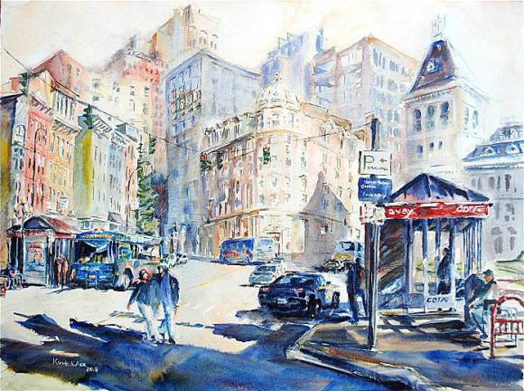 February Morning on Broadway, Albany, watercolor by Kevin Kuhne