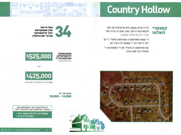 This is a page from a 12-page &#xfe;&#xc4;&#xfa;Home Buyers Info-Guide&#xfe;&#xc4;&#xf9; of the local real estate market published by MK Realty. The brochure, which The Photo News paid to have translated, describes the Country Hollow section of Blooming Grove as &quot;a beautiful area with expensive and more luxurious houses&quot; close to the KJ border. More than half of the 60 homes in the development have been sold &quot;through intervention from Brooklyn and KJ.&quot; The average market price is $525,000; the latest house sold for $425,000.