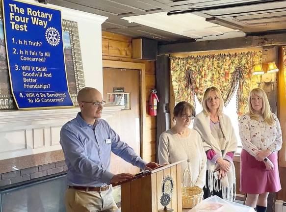 Geoffrey Green addressed the impact of mental illness, substance abuse and suicide in Warwick and surrounding communities during the Feb. 12 Warwick Valley Rotary Club luncheon. Joining in the presentation were Susan Wynn, Amy Green Morris and Karen Kondakjian Gauvin from “Team up for Hope,” a local non-profit organization striving to increase awareness of these conditions. Warwick Rotarians and the Warwick Valley High School Interact Club will host a “Bowl for a Cause” community fund raiser to help prevent suicide and drug abuse. Individuals or teams of all skill levels are invited to participate. The event is scheduled for Sunday, March 15, at Pin Street at Warwick, 154 Route 94 South. Registration will be from noon to 1 p.m. and bowling from 1 to 3:30 p.m. Cost is $25 per bowler, which includes bowling, shoes and refreshments. All skill levels, individuals and teams from organizations, are welcome. To register or donate to the cause, contact www.warwickvalleyrotary.org.