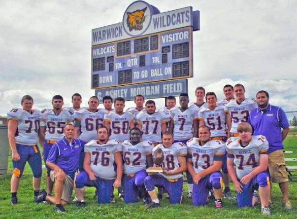 Wildcats roll behind offensive line Photo by Al Konikowski Beginning in front, from left to right, the Warwick Valley Wildcat offensive line and their coaches are: Coach Greg Sirico, Sam Terwilliger, Alex Lawson, Brandon Kowalsky, Shane Rivera and Tom McCormick; and standing, from left to right: Jake Muller, Nick VanDenboss, Shylar Pennings, Capen Burbank, Dominick Blandino, Matt Gesner, Antonio Bosco, Tim Snyder, Francis Nnamani, Dermott Egan, Brendan Thomas, James Grennan, Joe Astorino and Coach Justin DePerrio.