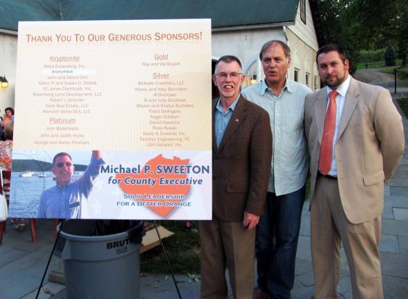 Sweeton ends executive bid Photo by Roger Gavan From left, Town of Warwick Supervisor Michael Sweeton with Blooming Grove Supervisor Frank Fornario and Town of Wallkill Supervisor Daniel Depew launching his bid for county executive on 8/30/2012.