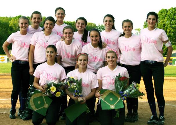 Warwick Varsity softball team goes pink on senior night To show support for fellow senior Jenna Balsamello, whose mom is battling cancer, members of the Warwick Valley Varsity, JV and Modified teams and their coaches Shawn Myers and Matt Hocker wore pink shirts designed by art teacher Rocco Manno. Pictured in front are seniors Jenna Balsamello, who will attend Dominican College; Sara Beck, who will play softball at Hunter College; and Lexi Pascal, who will go to Mercy College.