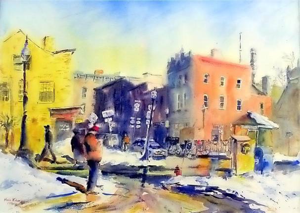 Canajoharie Winter Streets, watercolor by Kevin Kuhne