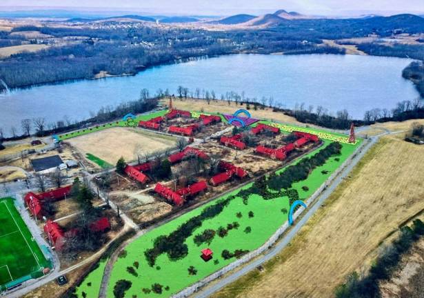 This is a rendering of Transformation Trails, aka the Park Between the Fences, surrounding the Hudson Sports Complex in the Town of Warwick. The green will be arboretum, the yellow pollinator meadows. The vision of the TT project is to create a combination arboretum, pollinator meadow, sculpture garden, education center and, hopefully, amphitheater.