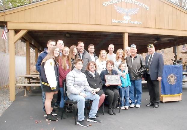 Anita Santopietro and more than a dozen family members attended the ceremony Nov. 10 to re-dedicate the outdoor pavilion at Greenwood Lake American Legion Post 1443 to former Legion Commander Peter Santopietro, who died in 2018.