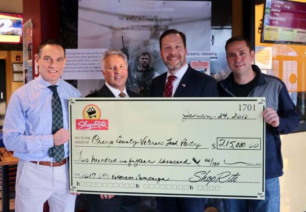 ShopRite gives $215K to Veterans Food Pantry Provided photo Pictured from left to right are Orange County Veterans Service Agency Director Christian Farrell, Brett Wing, president and COO of ShopRite Supermarkets Inc., Vice President of Operations Tom Urtz and Orange County Executive Steven M. Neuhaus at the Town of Monroe Arts and Civic Center on Wednesday, Jan. 24.