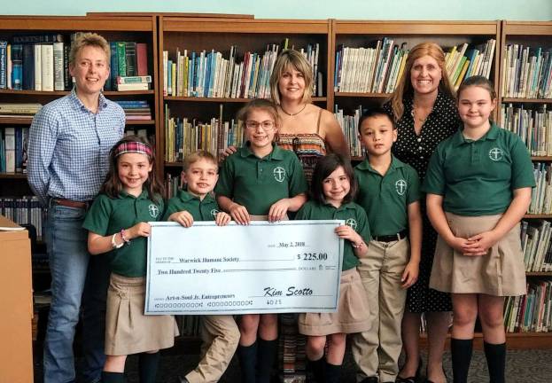 Art-n-Soul Junior entrepreneurs raise $225 for Warwick humane society Provided photo Art-n-Soul Jr. Entrepreneur students from St. Stephen - St. Edward Elementary School recently raised $225 at the Pine Island Craft Fair by selling their art and crafts to the public. From left, Humane Society volunteer, students Evelyn Lopez, 7, Brandon Rodney, 8, Abby Negersmith, 10, Kim Scotto, director of Art-n-Soul, Ellie Schlichting, 6, Ira Faraoni, 7, Principal Bethany Negersmith and Addision Berger,