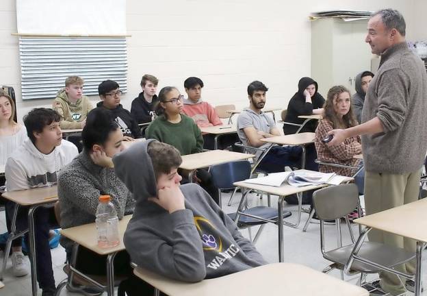 Michael Melasky, a retired special education administrator and teacher with the Suffern School District who has lived in Warwick since 1988, presents to Warwick Valley Middle School students a program entitled “Hate is Not Welcome Here.