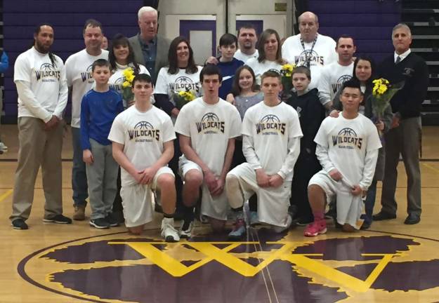 Warwick Wildcat boys basketball honors four players on Senior Recognition Night Photo provided by Gregory Sirico Senior varsity basketball players Yu Chen, Gene Decker, Liam Grennan and Ricky Vreeland were honored last week at Senior Recognition Night along with their families, who have given their time, effort and talent to the Warwick Valley Boy's Basketball Program.