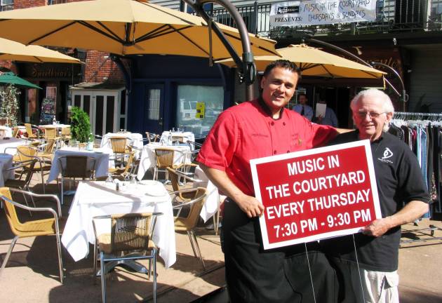Music in the Courtyard now in its eighth season Photo by Roger Gavan Thanks to the contributions and efforts of the Village of Warwick Merchant Guild and Railroad Avenue businesses Music in the Courtyard began its eighth season on Thursday evening, May 17. Tony Sylaj, owner of Grappa Ristorante, and George Laurence, owner of the Eclectic Eye, invite everyone to come down to Railroad Avenue on Thursday evenings and enjoy Music in the Courtyard.