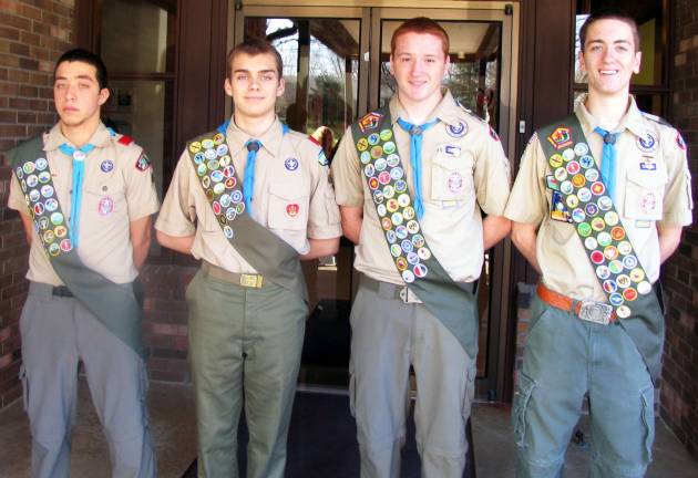Four Troop 45 Scouts advance to Eagle Photo by Roger Gavan On Nov. 17, Warwickís Boy Scouts of America Troop 45 advanced four more of its members to the rank of Eagle. From left: Justin Levitt, Sean Rice and Liam and Andrew Brown.
