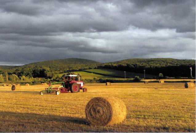 Harvesting hay on the Mabee and Wisner Buckbee farms. This is just one of 150 dazzling color photographs of conserved local farmland by the late John L. Stage, a Warwick native and internationally known photographer, that will be exhibited Warwick Town Hall.