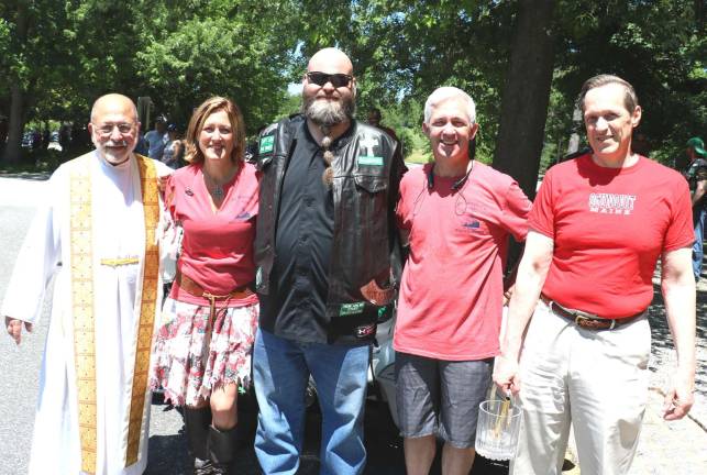 St. Stephen's seventh annual motorcycle blessing and ride draws more than 70 participants From left, St. Stephen’s pastor, the Rev. Jack Arlotta, Event Chair Lisa Kevins, Father Angelo Micciulla and members of the Knights of Columbus, John Mac Donald and Dr. Dennis Scharfenberger.