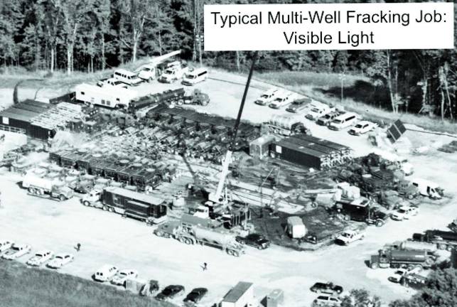 Residents urge fracking ban This photo, taken by Bob Donnan, shows the many trucks involved in the fracking process. According to Sustainable Warwick, as much as five million gallons of water must be trucked to the well pad in order to frack each well. One well pad can have between 10 and 20 wells on it.