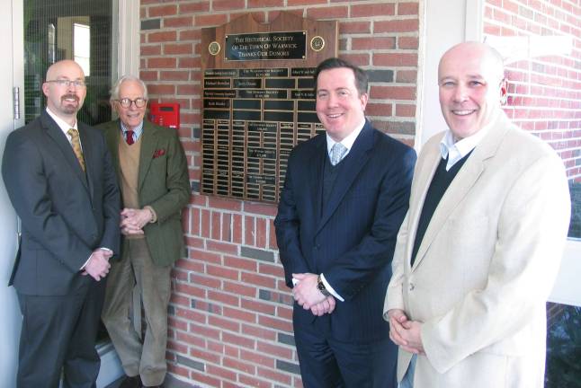Warwick Historical Society Thanksgiving Plaque on permanent display at A.W. Buckbee Center Photo by Roger Gavan From left, Kenneth Ford, founding partner Warwick Valley Financial Advisors, Michael Bertolini, president of the Board and curator of the Historical Society, Joseph Donohue, chairman of Development, Warwick Historical Society and Mark Lange, founding partner Warwick Valley Financial Advisors.