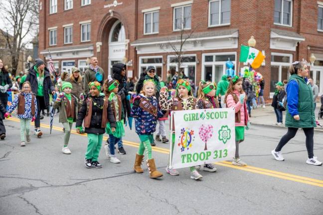 Brownies Girl Scout Troop 313 in the Mid Hudson St. Patrick’s Day Parade in Goshen on March 10, 2024. Photo by Sammie Finch