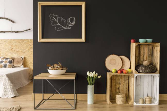 Bring Fall Indoors Modern room with DIY wooden furniture and blackboard wall