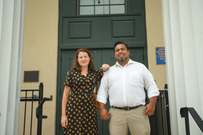 Orange County Historian Johanna Yaun and Sergio Villavicencio, chair of the New York City Semiquincentennial Committee, at a planning meeting held at the 1841 Courthouse in Goshen in August.