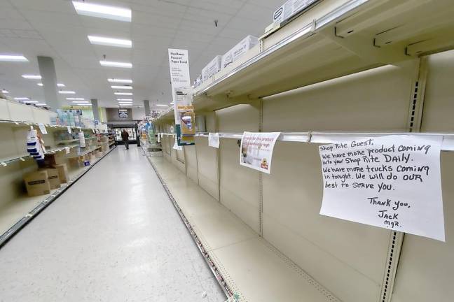 This was the toilet paper isle on Sunday, March 15, at the ShopRite in Warwick. As of Monday morning there still is no delivery of toilet paper. So many other items, such as frozen vegetables, meat, chicken, etc., are down to the bare minimum.