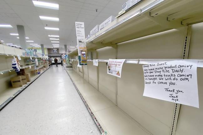 Life in times of the coronavirus This was the toilet paper isle on Sunday, March 15, at the ShopRite in Warwick. As of Monday morning there still is no delivery of toilet paper. So many other items, such as frozen vegetables, meat, chicken, etc., are down to the bare minimum.