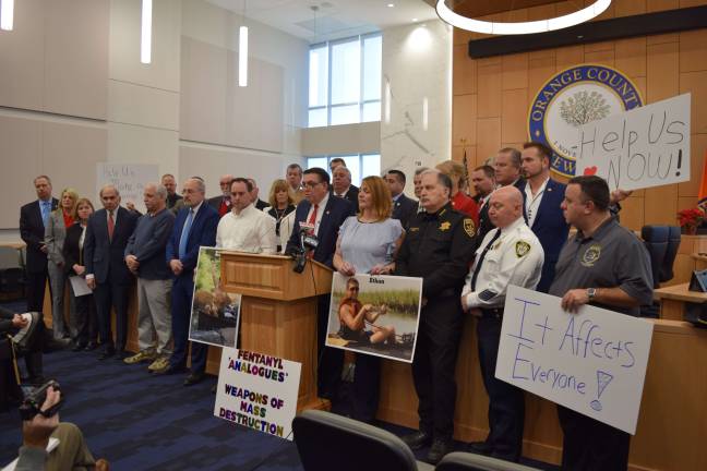 Orange County urges state action on fentanyl ‘analogues’ Photo by Erika Norton Orange County Legislator Rob Sassi addresses the audience at a press conference last week urging lawmakers to act on fentanyl analogues.
