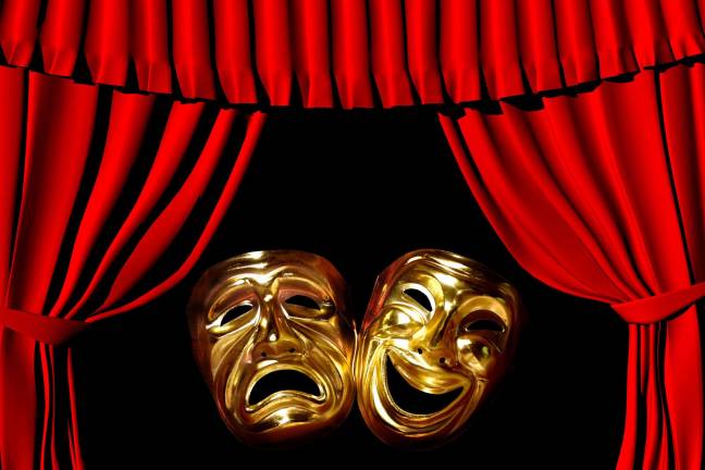 One-act masters at Cornerstone Theatre Arts gold mask of tragedy and comedy between a red theatre curtain