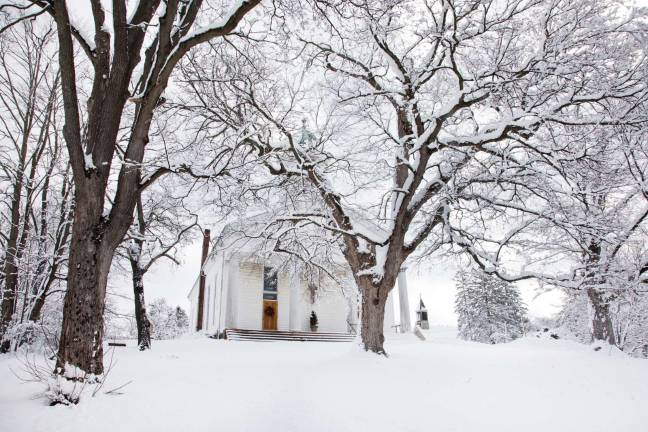 The color of snow Photo by Robert G. Breese Tree branches decorated with snow in front of the Florida Presbyterian Church. The steeple of St. Joseph's is in the background right.