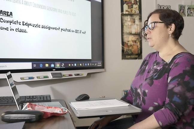 Warwick Valley Middle School teacher Rachel Heller leads a virtual class in a mindfulness breathing exercise in her classroom on Dec. 9, 2020.