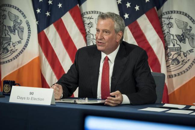 Mayor de Blasio holds media availability at City Hall