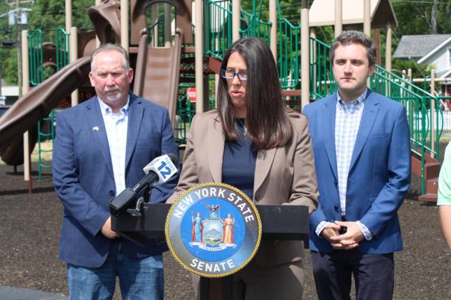 GWLUFSD Superintendent Sarah Hadden, Greenwood Lake Mayor Matt Buckley (left) and Sen. James Skoufis (right).