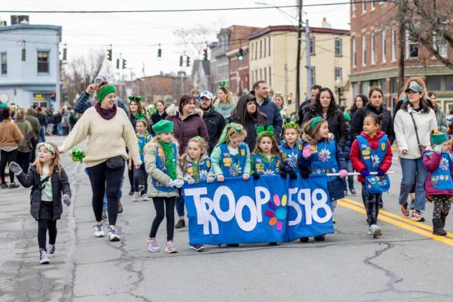 Daisy Girl Scout Troop in the Mid Hudson St. Patrick’s Day Parade in Goshen on March 10, 2024. Photo by Sammie Finch