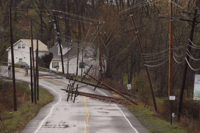 Aftermath of hurricane Sandy Emergency workers set up roadblocks on County Route 1 in Pine Island for downed poles on Oct. 30.