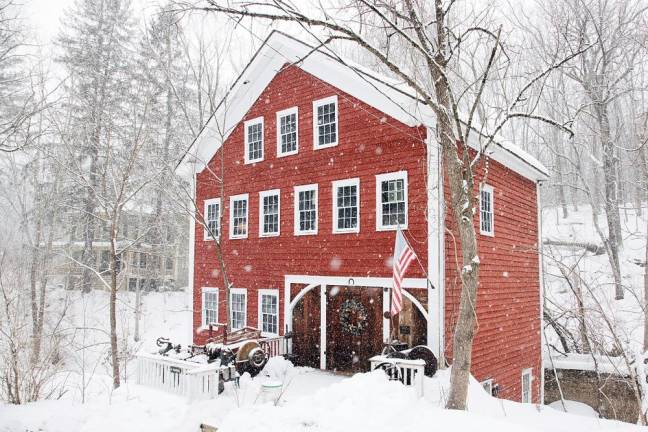 The Randallville Grist, Fulling, Saw Mill and School Ca. 1750-1900 along Route 94 in the Village of Florida during the snowfall on Sunday, Feb 7, 2021. Pianos, furniture, gunstocks, lathe turning, metal work, etc. were crafted here along Browns Creek. Photo by Robert G. Breese.