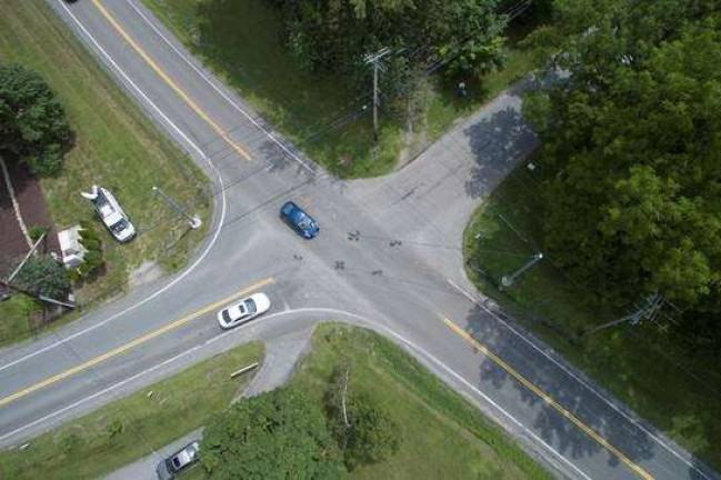 The four-way intersection at County Route 41, County Route 1A and Blooms Corners Road where three Goshen High School students died after being struck by a truck last week. Photo by Robert Breese