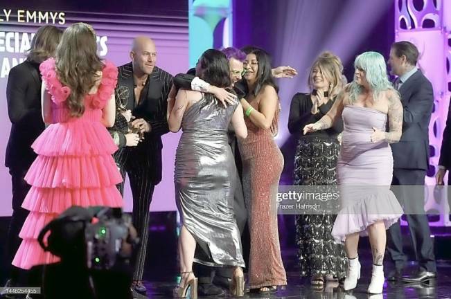 Elle Favorule with her makeup department colleagues from “The Quest” after they won the Emmy Award