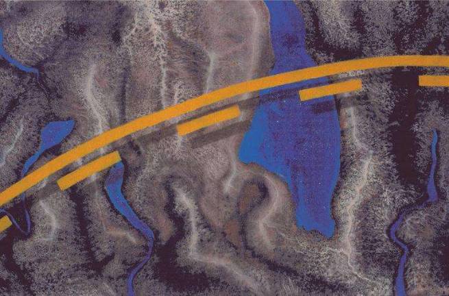 Safe Harbors gallery presents timely exhibit on climate change Janet Culbertson, "Paving the Planet," acrylic, iridescent pigment on canvas