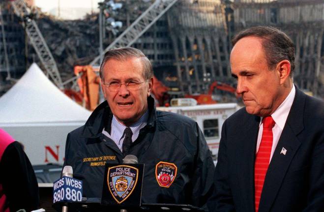 Rudy Giuliani to speak on cyber security threats In this U.S. Department of Defense photo, Secretary of Defense Donald H. Rumsfeld (left) and New York Mayor Rudolph Giuliani (right) hold a joint media availability at the site of the World Trade Center disaster in lower Manhattan, on Nov. 14, 2001. Guiliani will be speaking in New Windsor on Oct. 1 on the global threat from cyber-terrrorism.