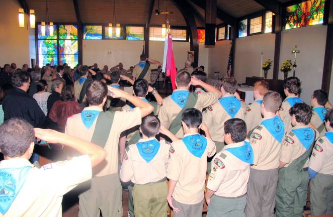 Four Troop 45 Scouts advance to Eagle Pledge of Allegiance