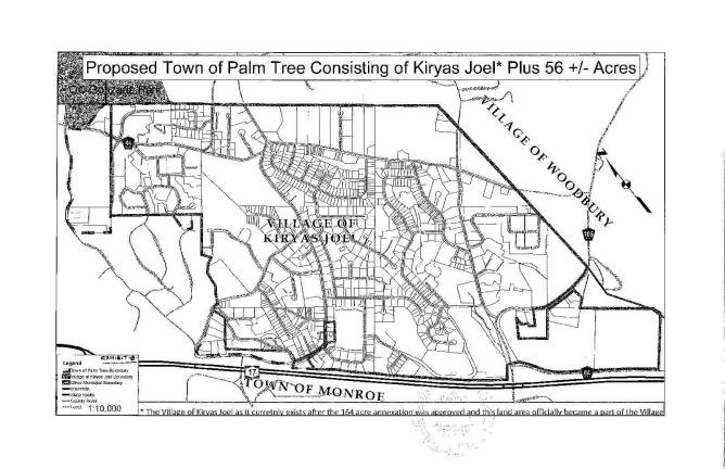 The creation of the Town of Palm Tree took a significant step forward Wednesday evening as the Monroe-Woodbury School Board voted unanimously to change the boundary lines to conform with an enlarged Kiryas Joel School District.