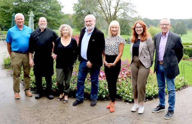 Gathered on the picturesque patio at the Warwick Valley Country Club to plan the Saturday, Nov. 13, Warwick Valley Chamber of Commerce 82nd anniversary event are from left, Warwick Valley Country Club Vice President Leo Zatta, Chef Clement Truitt, Warwick Chamber Business Manager Karen Wintrow, Chamber Program Member John Redman, Programs Chair Janine Dethmers, Public Relations Coordinator Olivia DiCostanzo, and Executive Director Michael Johndrow. Roger Gavan.