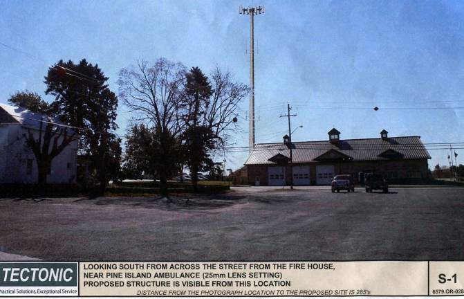 Cell tower proposed at Pine Island firehouse This is a photo illustration of what a 150-foot cell tower would look like if built at the Pine Island Firehouse. A study of the visual impacts of the proposed tower, conducted by Tectonic Engineering & Surveying Consultants of Latham, for AT&T, acknowledged that the tower could have a "slight adverse impact on existing views of the area," but that the structure's galvanized steel "will aid in reducing visibility." According to the study, the tower would be visible from, "most of the farming fields on Van Sickle Road," and "partially visible" from County Route 1, Pulaski Highway and Glenwood Road.