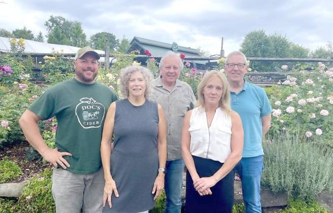 The Taste of Warwick committee is cooking up big plans for this year’s annual Taste of Warwick: From left, Warwick Valley Winery owner Jason Grizzanti, Warwick Valley Chamber of Commerce Business Manager Karen Wintrow, Taste of Warwick Committee members Eddie Cullari of Eddie’s Roadhouse and Jean Beattie of Warwick Valley Telephone and Chamber Executive Director Michael Johndrow. Photo by Olivia DiCostanzo.