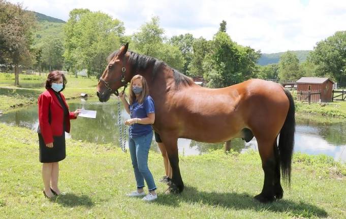 From left: Tina Buck, immediate past president of Warwick Valley Rotary, presents a check to Sue Ferro, executive director of Winslow Therapeutic Riding Center as “Merlin,” one of the gentle horses helping to provide therapy, looks on. Photo by Roger Gavan.